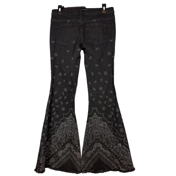 FREE PEOPLE Denim Super Flare Bandana Jeans, Black, Distressed Hem, Size 27 - Picture 4 of 10